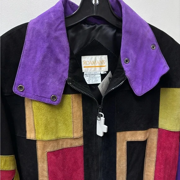 Vintage 1980s Roaman's Color-Block Long Suede Geometric Jacket